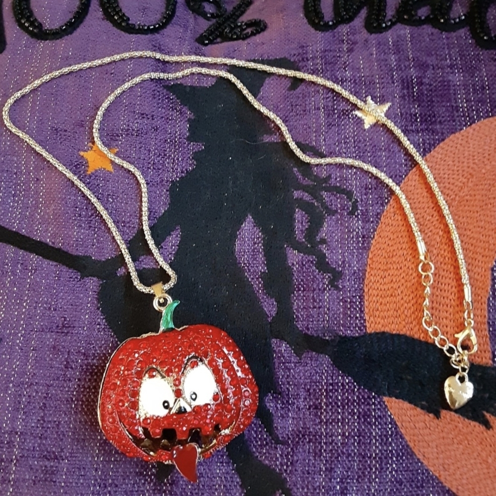 Orange Crystal Rhinestone Jack-o-Lantern Necklace Halloween New - Picture 3 of 8